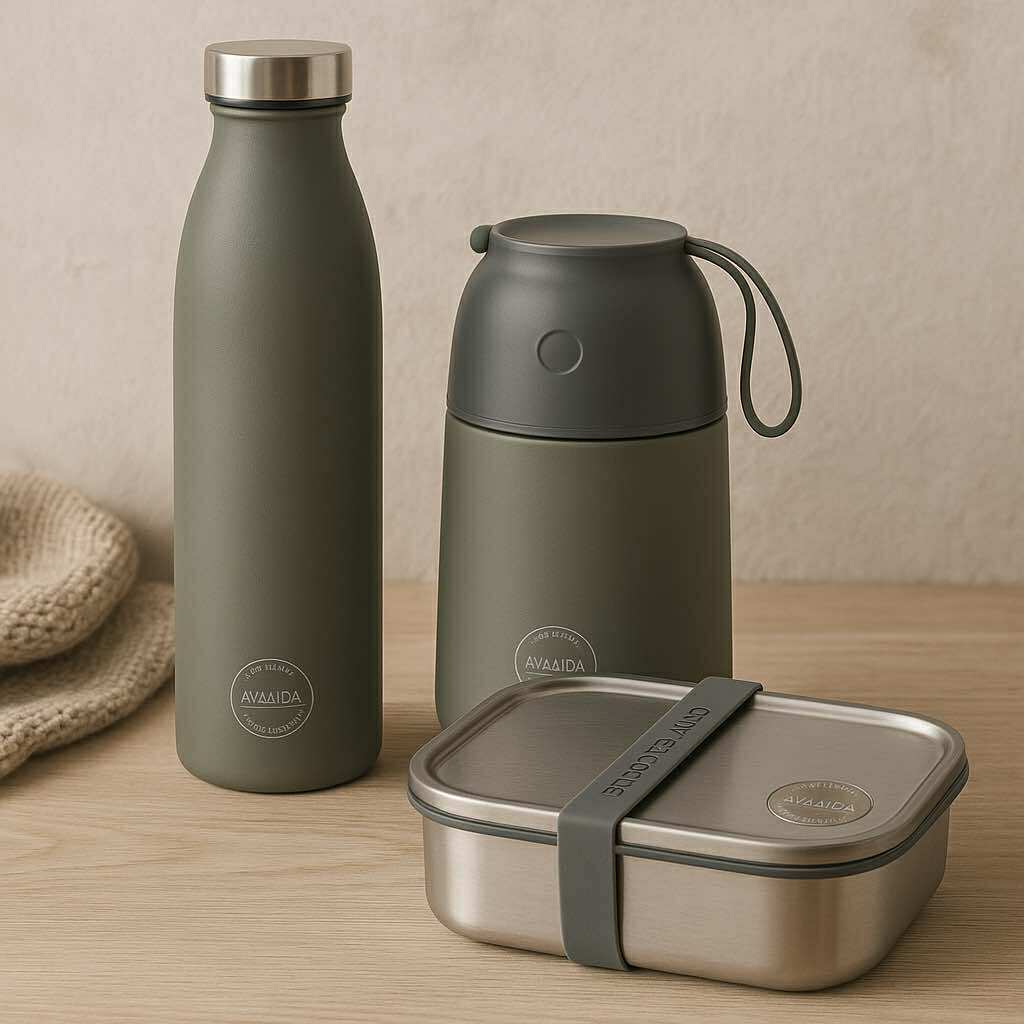 AYA&IDA Sett – Termosflaske og Lunsjbokser i Tropical Green