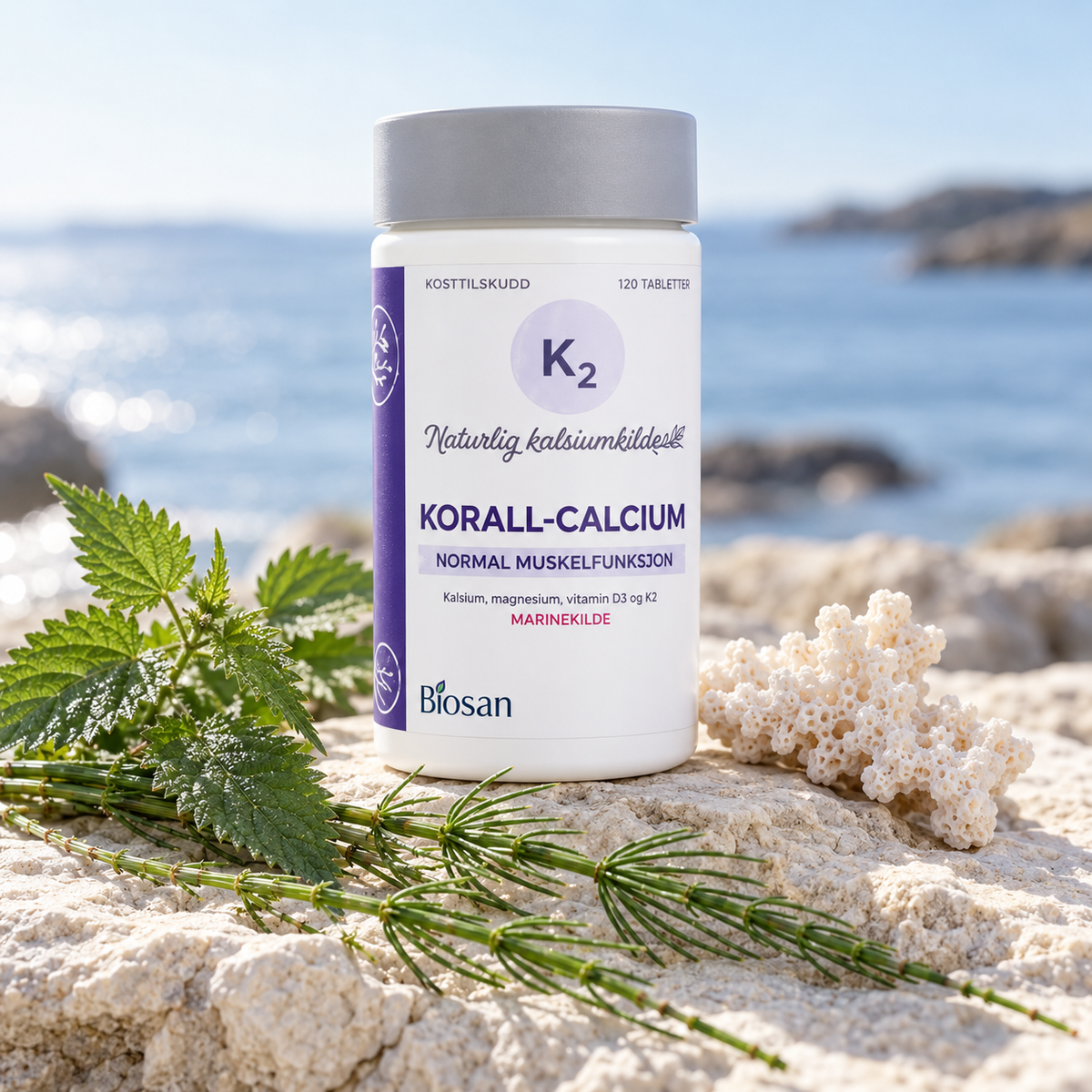 Biosan Korall-Calcium med hvit korall, nesle og kjerringrokk på en lys stein med havet i bakgrunnen.