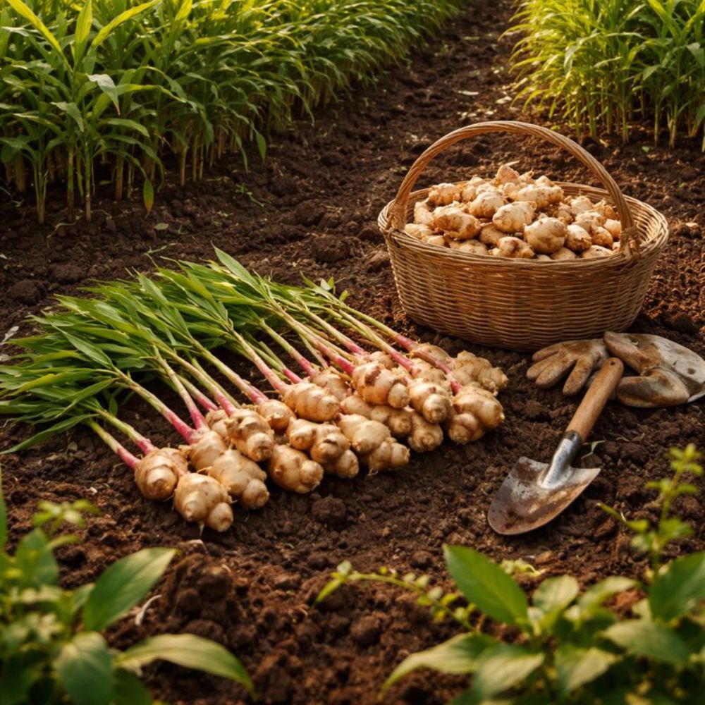 Setteknoll av ingefær klar for planting i næringsrik jord.