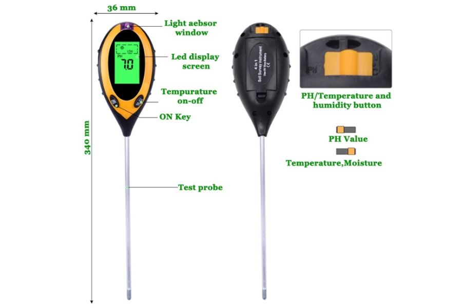 Jordmåler 4-i-1 – pH, fuktighet, temperatur og lysintensitet