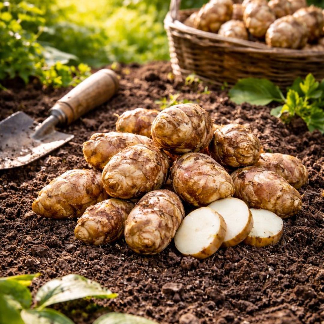 Setteknoll av jordskokk klar til planting i kjøkkenhagen.