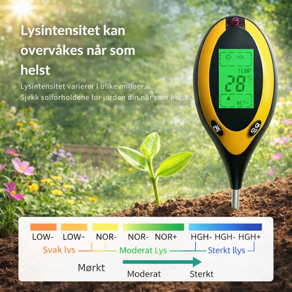 Jordmåler 4-i-1 – pH, fuktighet, temperatur og lysintensitet