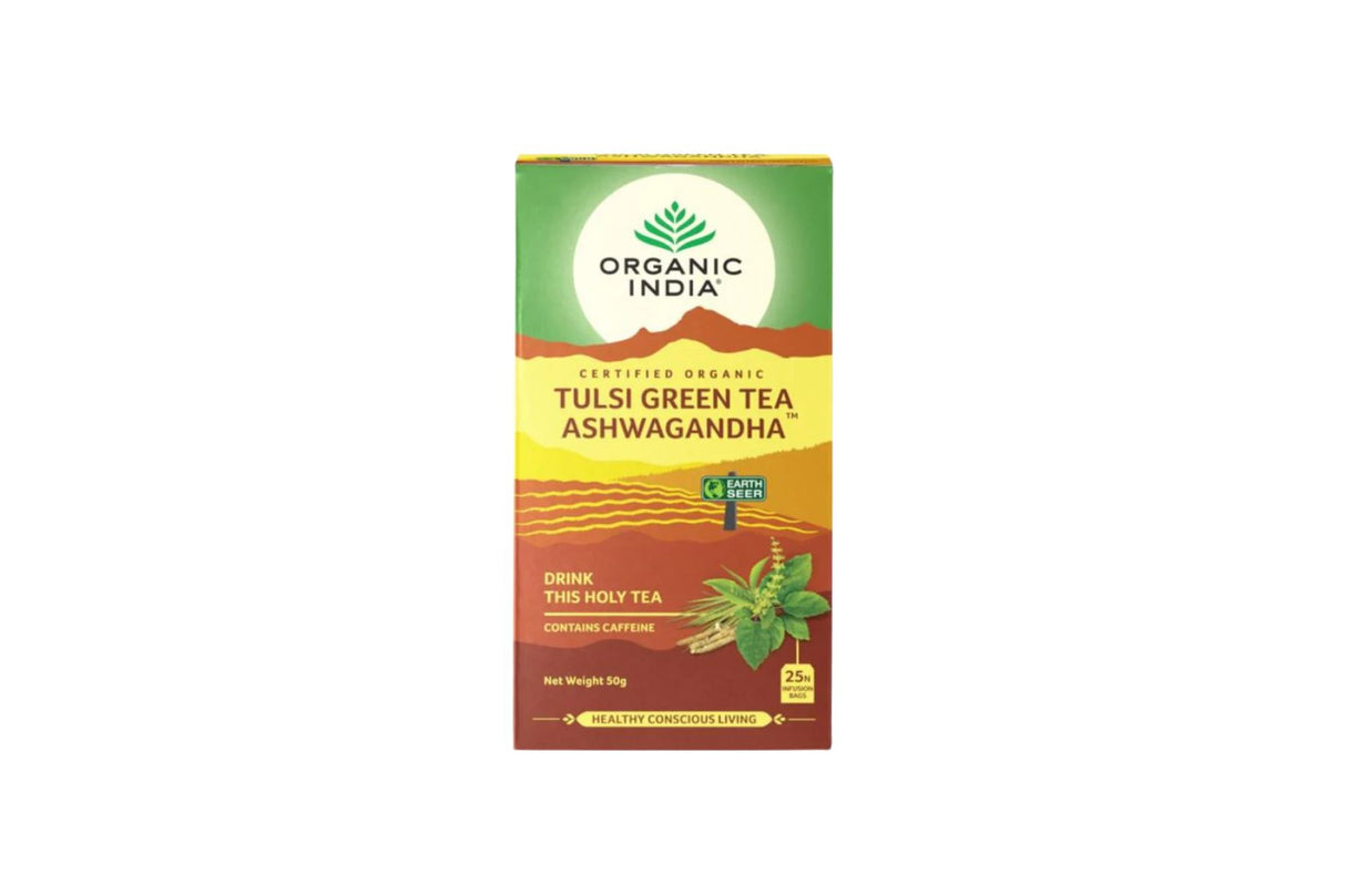 Organic India Tulsi Ashwagandha Te | 25 poser – Grønn tulsi-te med adaptogener for ro og balanse