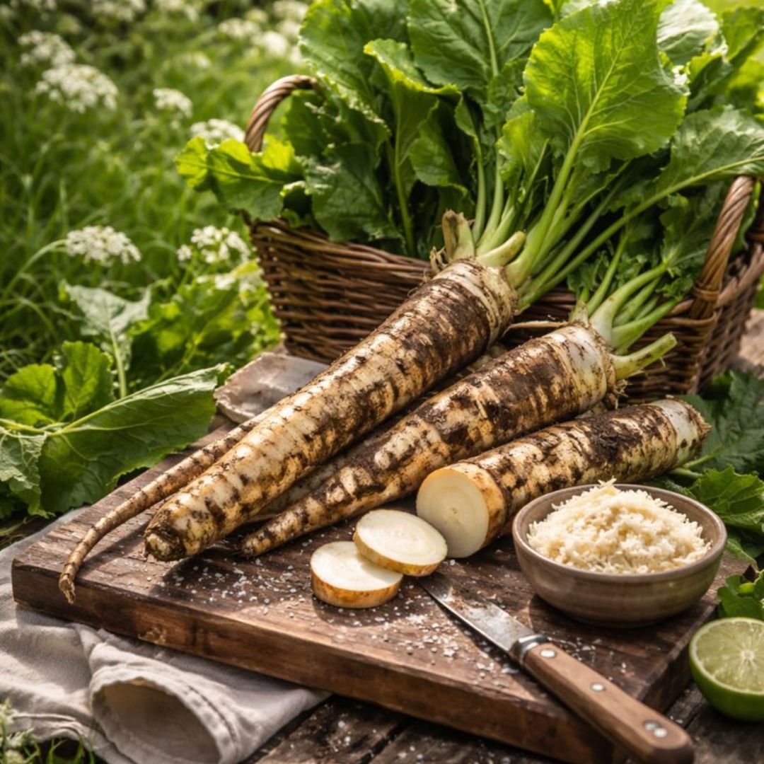 Pepperrot plante med hvit rot og grønne blader i hagejord.