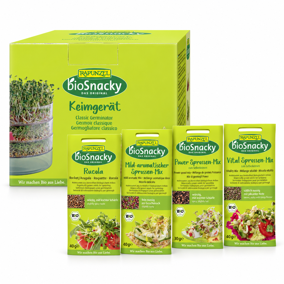 Spireglede – bioSnacky spirepakke med spirekasse og 4 økologiske frøvarianter