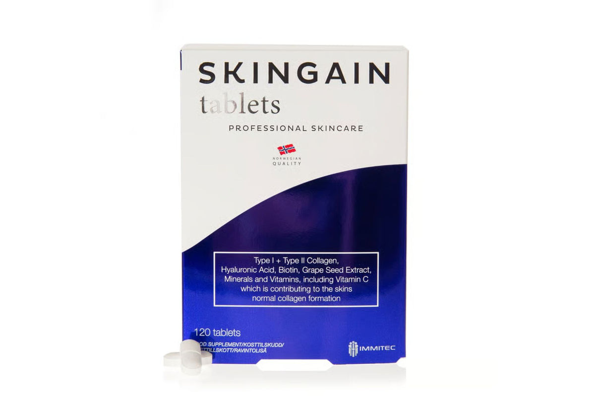 Tabletter med kollagen og vitaminer i boks for daglig bruk