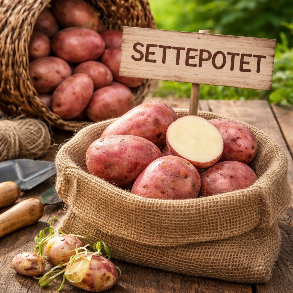 Høstede poteter av sorten ‘Beate’ med rødt skall og lyst kjøtt.