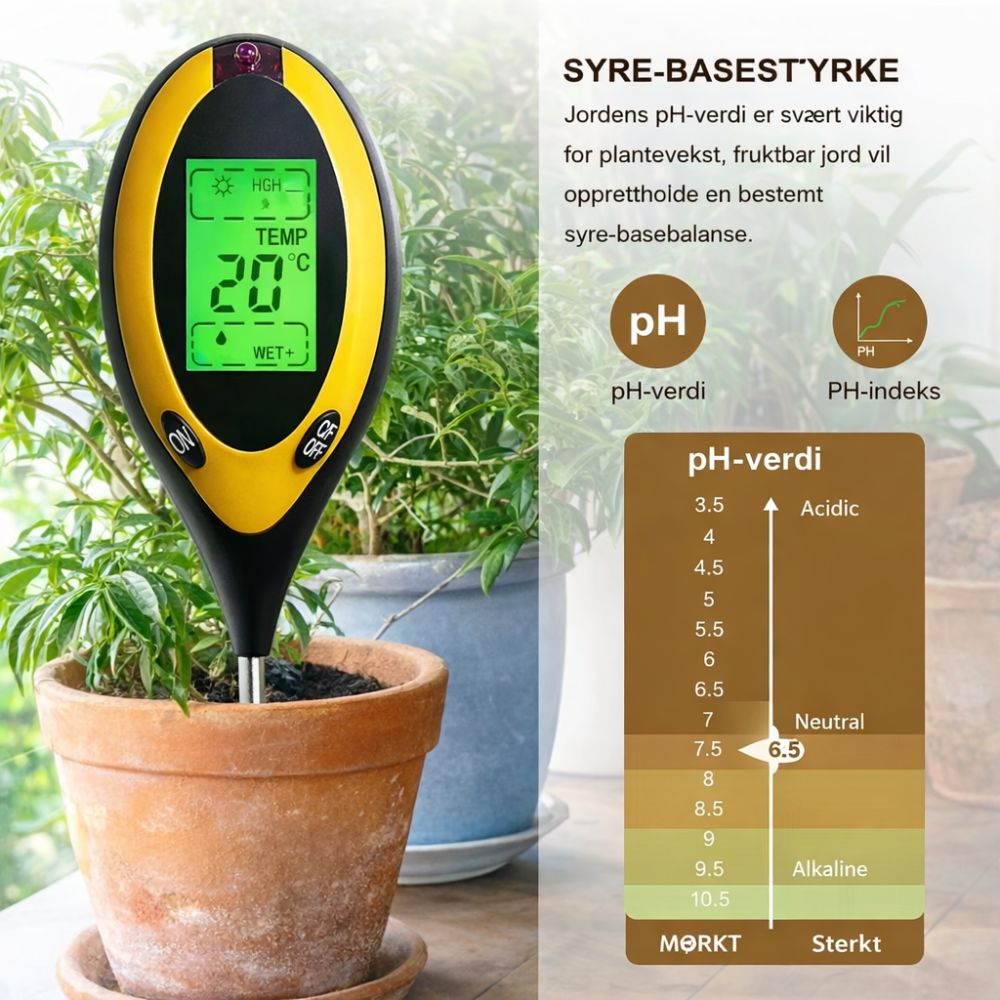 Jordmåler 4-i-1 – pH, fuktighet, temperatur og lysintensitet
