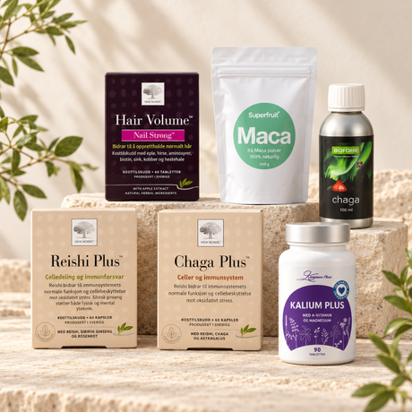 Kosttilskudd fra New Nordic, Superfruit og Bioform samt Kalium Plus på en lys steinoverflate.