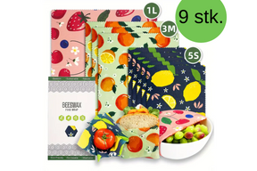Ni gjenbrukbare bivoksark i ulike størrelser med fargerikt fruktdesign