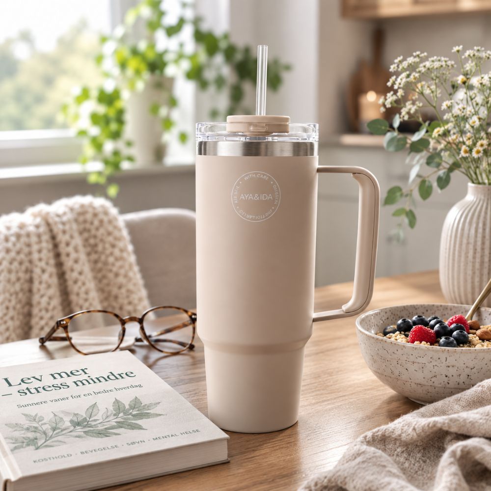Stor AYA&IDA termokopp 885 ml i beige med håndtak, sugerør og lekkasjesikkert lokk i rustfritt stål.