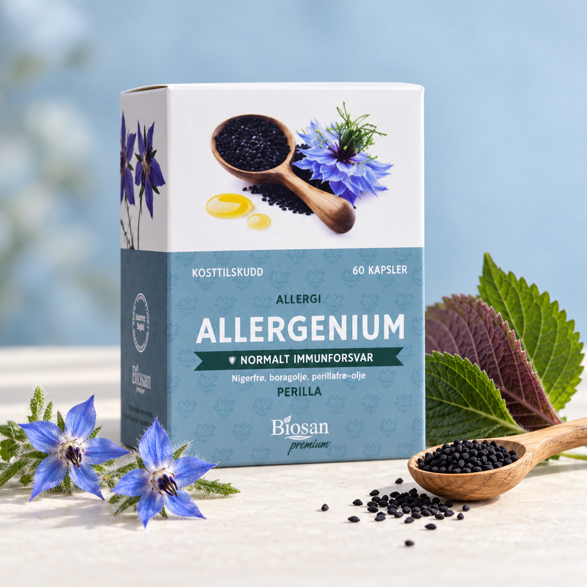 Biosan Allergenium med perillablader, sortkarvefrø og blå agurkurtblomster på en lys overflate.