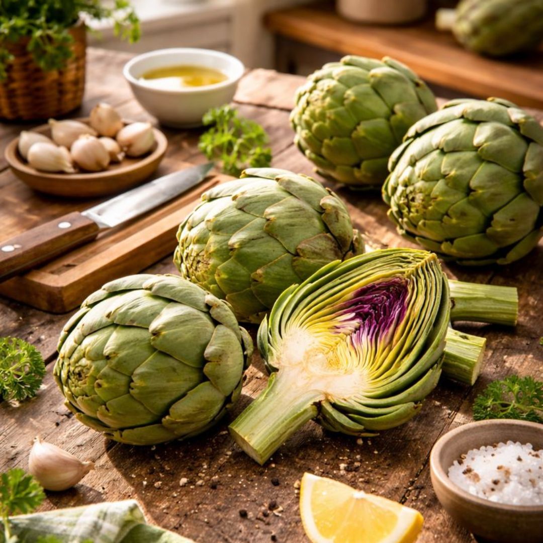 Artisjokkplante med store sølvgrønne blader og spiselige blomsterknopper i hagen.