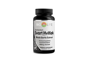 Boks med fermentert svart hvitløkskapsler for daglig immun- og energistøtte.