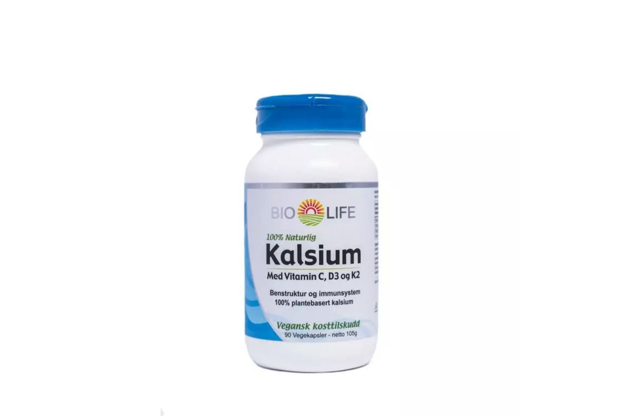 Bio-Life Kalsium med Vitamin C, D3 & K2 90 kapsler – For Styrke og Støtte til Benstruktur