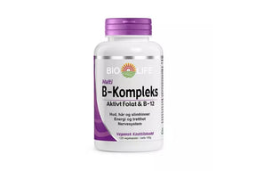 Boks med B-vitaminkapsler for energi, hud, hår og immunstøtte.