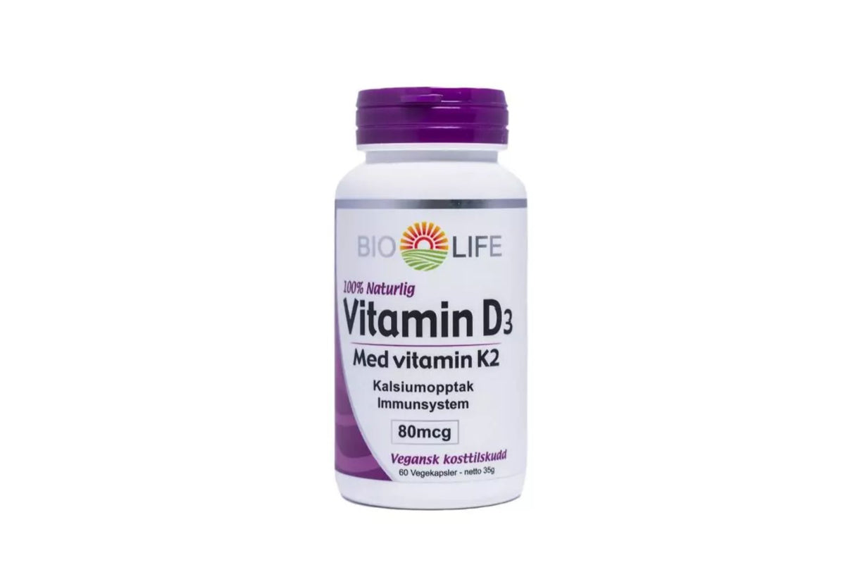 Bio-Life Vitamin D3 med Vitamin K2 60 kapsler – Naturlig støtte for benstruktur, immunforsvar og kalsiumopptak