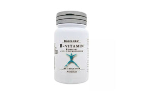 Flaske med B-vitamin­tabletter for energi, hud, hår og negler.