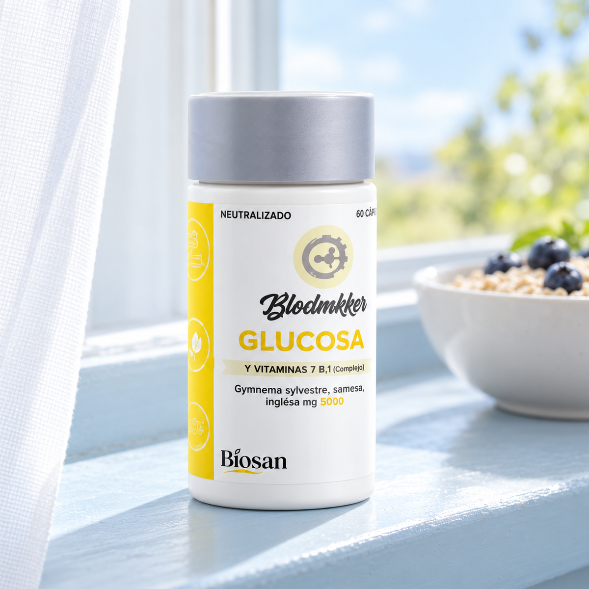 Biosan Glucosa på en lyseblå vinduskarm med en skål havregrøt og blåbær i bakgrunnen.