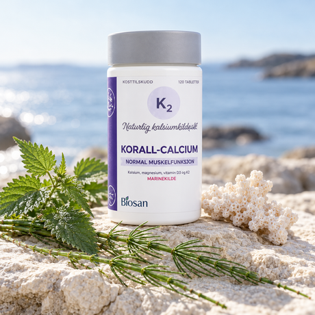 Biosan Korall-Calcium med hvit korall, nesle og kjerringrokk på en lys stein med havet i bakgrunnen.