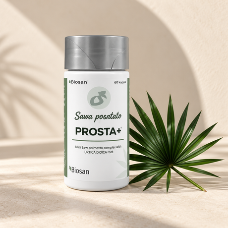 Biosan Prosta+ på en lys beige overflate med et grønt palmeblad og myke solskygger.
