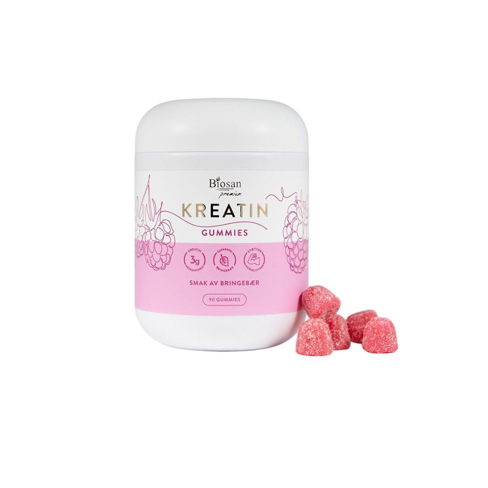 Biosan kreatin gummies 90 stk med bringebærsmak – kosttilskudd med kreatin monohydrat