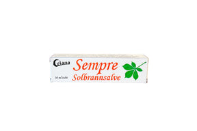 Naturlig solbrannsalve i liten beholder for lindring av varm og tørr hud.
