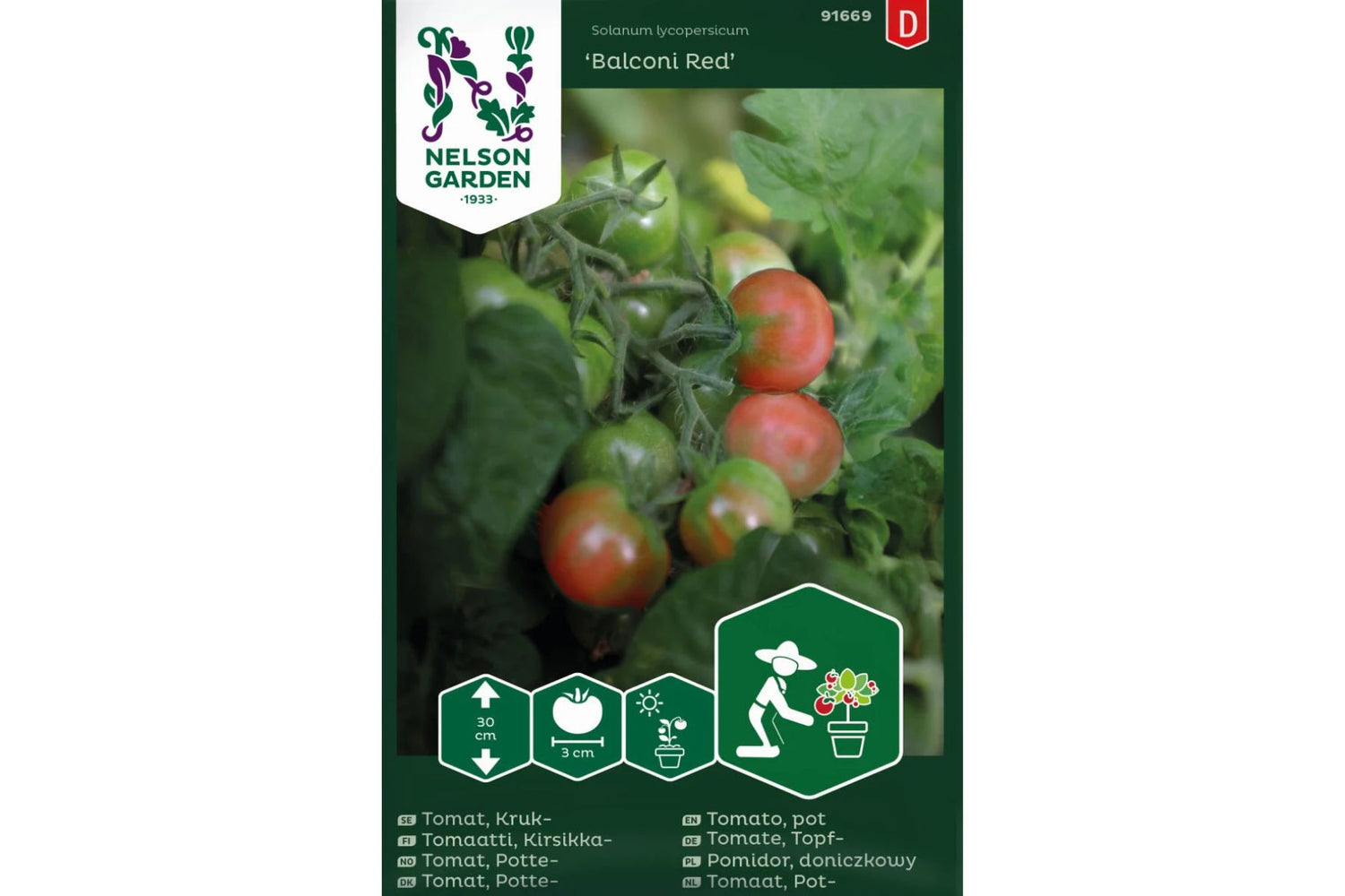 Røde cherrytomater som henger tett på kompakt Balconi Red-plante.