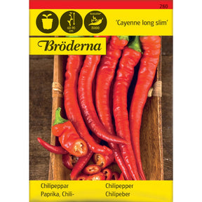 Cayenne Long Slim chilipepper med lange røde chilifrukter på planten