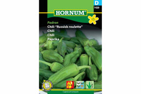 Grønne Padron-chilier med små, runde og milde frukter.