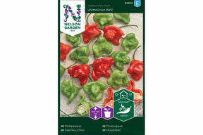Bildet viser en stor, grønn og rød jamaicansk bjellechili.