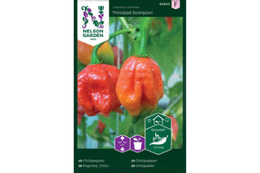 En Trinidad Scorpion-chili, rød og skarp, ligger på hvit bakgrunn.