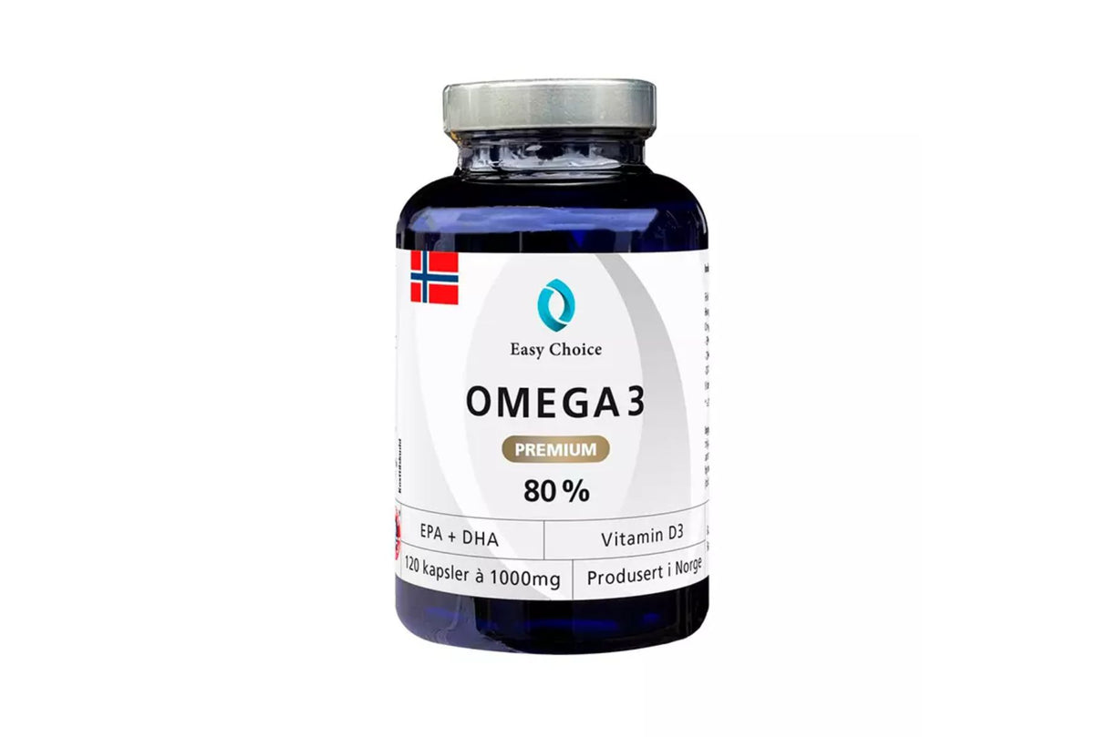 Easy Choice Omega 3 Premium Fiskeolje 80% – Høykonsentrert Omega-3 med Vitamin D3 for Hjerte, Hjerne og Skjelett