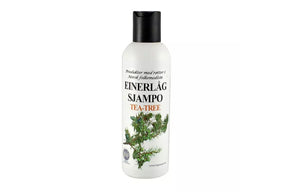 Flaske med Einerlåg tea tree-sjampo for hår og hodebunn.