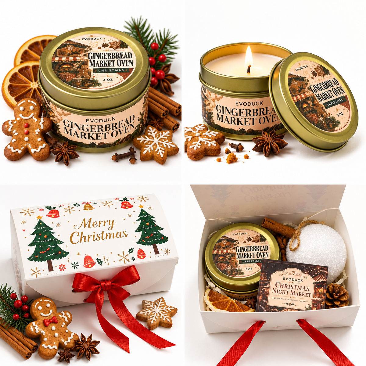 Evoduck Gingerbread Market Oven duftlys i grønn metallboks med julemotiv, inspirert av pepperkaker og koselig julestemning. 85 g, 6 x 4 cm.