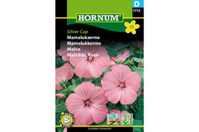 Store lyserøde blomster på frodig mamelukkerme i bed
