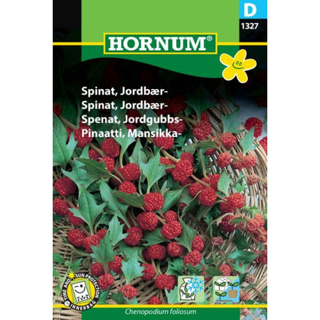 Jordbærspinat med grønne blader og røde, jordbærlignende bær.