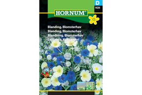 Ettårig blomsterblanding i rolige blå og hvite fargetoner
