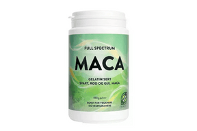 Pose med økologisk maca-pulver vist på enkel, nøytral bakgrunn.
