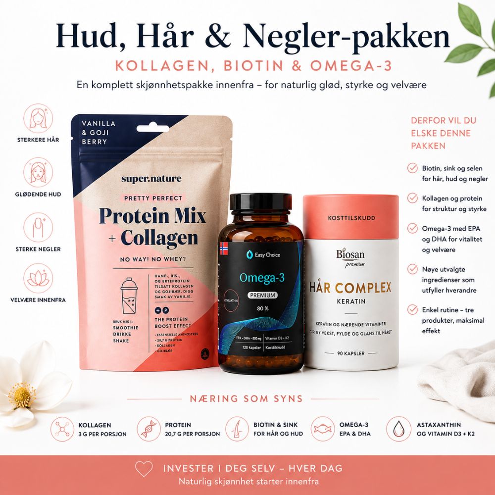 Skjønnhetspakke med kollagen, biotin, sink, keratin, protein og omega-3 med astaxanthin