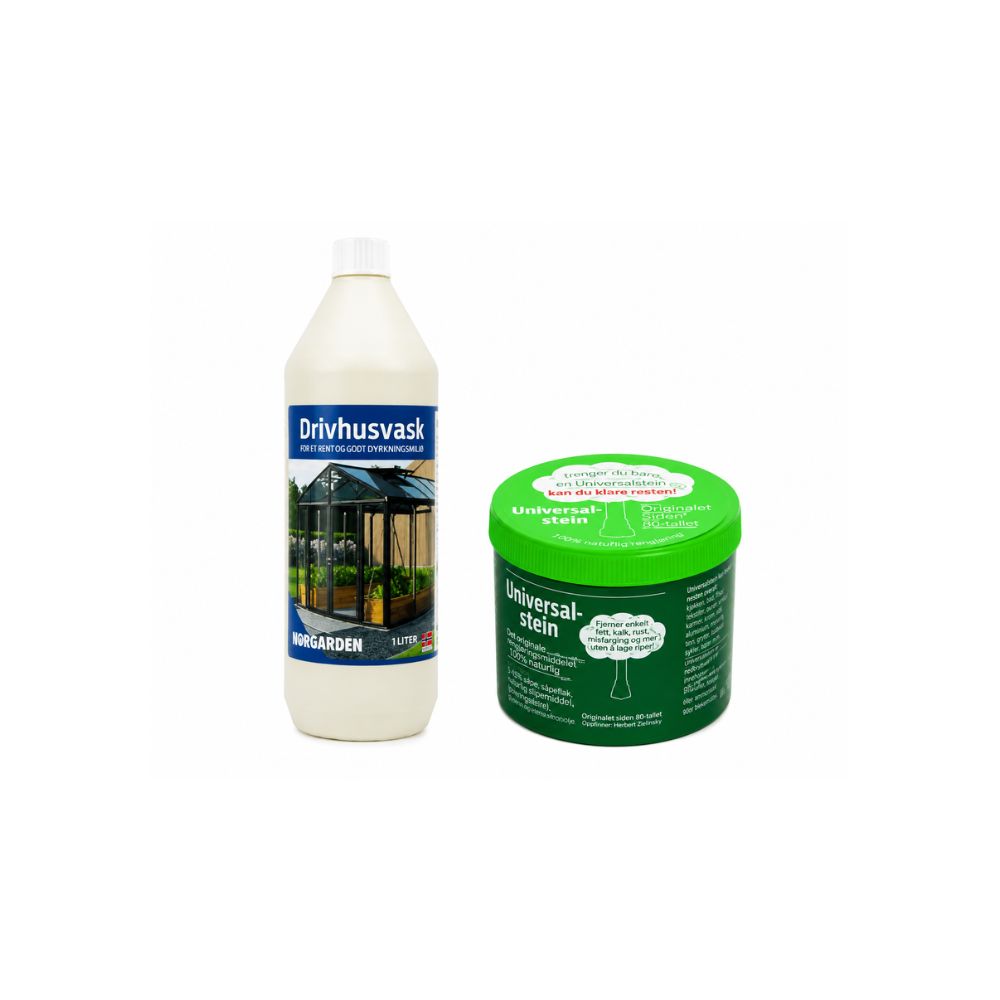 Norgarden Drivhusvask 1 liter og Universal Stein 900 g – komplett rengjøringspakke for drivhus.