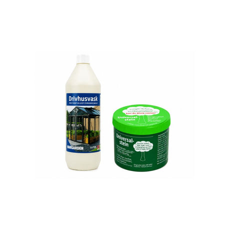Norgarden Drivhusvask 1 liter og Universal Stein 900 g – komplett rengjøringspakke for drivhus.