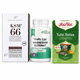Kveldsro-pakke med KSM-66 Ashwagandha, Vitality Line Magnesium Glysinat og Yogi Tulsi Relax Te