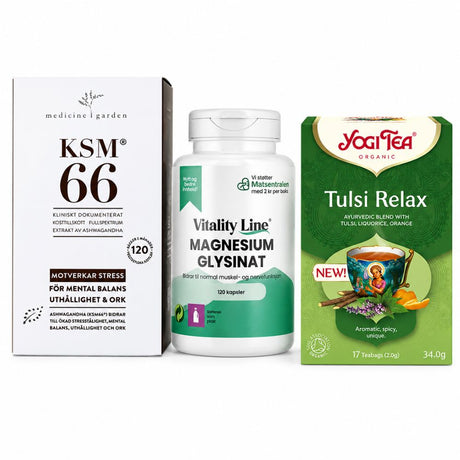 Kveldsro-pakke med KSM-66 Ashwagandha, Vitality Line Magnesium Glysinat og Yogi Tulsi Relax Te