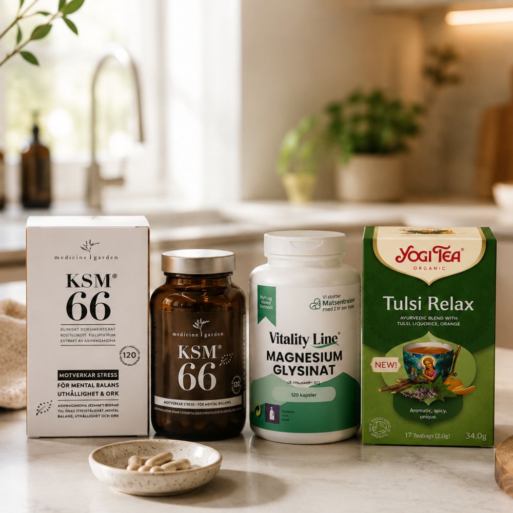 Kveldspakke med ashwagandha, magnesiumglysinat og økologisk Tulsi-te for ro og avslapning