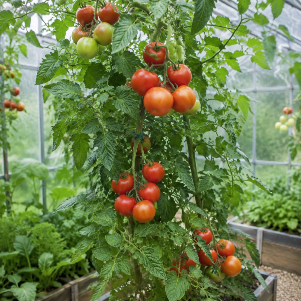 Høy Moneymaker-tomatplante med klaser av modne røde tomater i drivhus