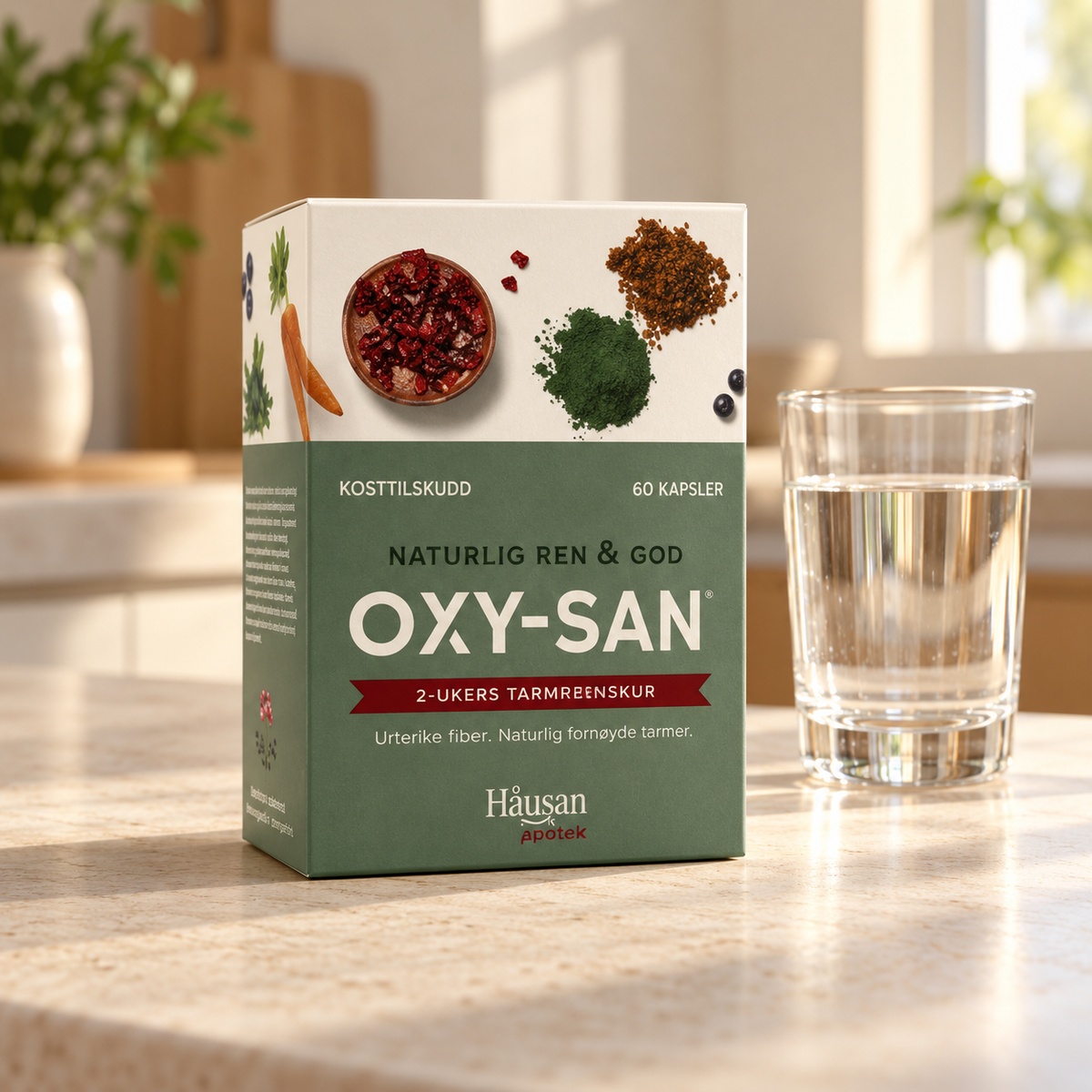 Oxy-San kosttilskudd fra Håusan Apotek på en lys kjøkkenbenk med et glass vann ved siden av.