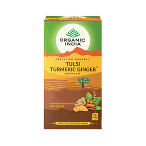 Økologisk gurkemeie og ingefær te i eske med 25 teposer fra Organic India