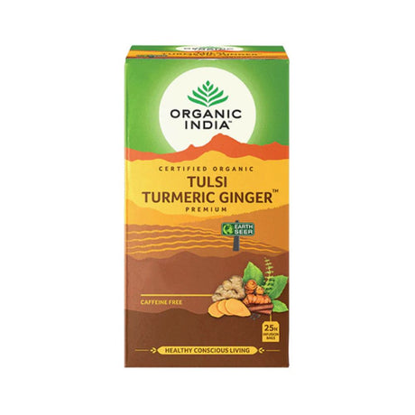 Økologisk gurkemeie og ingefær te i eske med 25 teposer fra Organic India