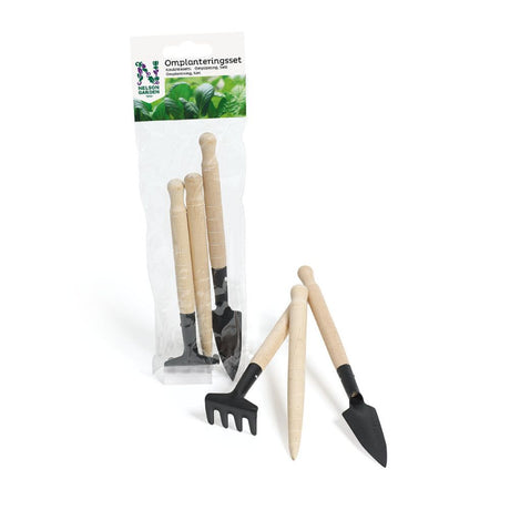 Omplantingssett med minispade, minirive og priklepinne